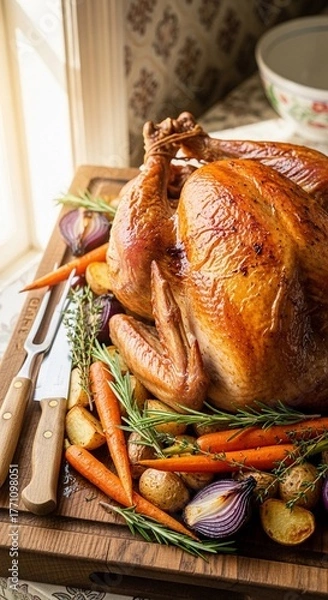 Obraz A golden roasted turkey on a wooden carving board, surrounded by roasted vegetables and fresh herbs