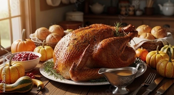 Obraz A Thanksgiving turkey just out of the oven, crispy skin and aromatic herbs, placed on a rustic table