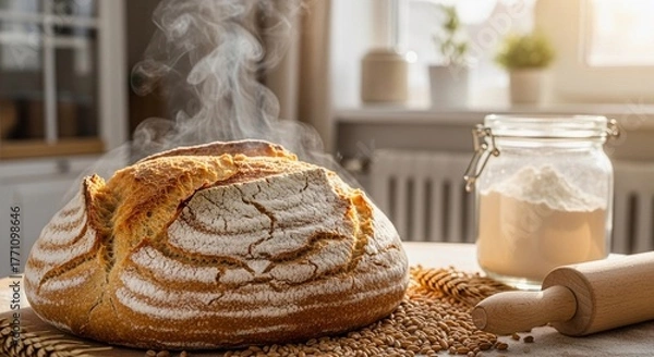 Obraz Sourdough bread just out of the oven, steam rising from the crust, surrounded by ingredients, wheat grains, a rolling pin, a jar of flour