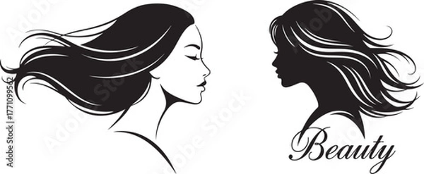 Obraz Elegant Black and White Stylized Profiles of Women with Wavy Hair