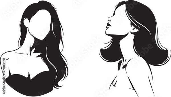 Obraz Elegant Black and White Vector Silhouettes of Women with Stylized Hair