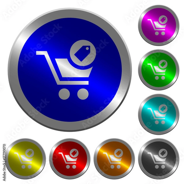 Fototapeta Product purchase features luminous coin-like round color buttons