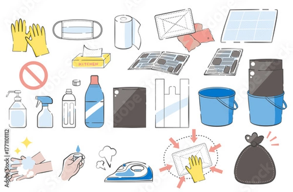 Fototapeta 感染性胃腸炎対策に準備しておきたい嘔吐物処理グッズのイラストセット