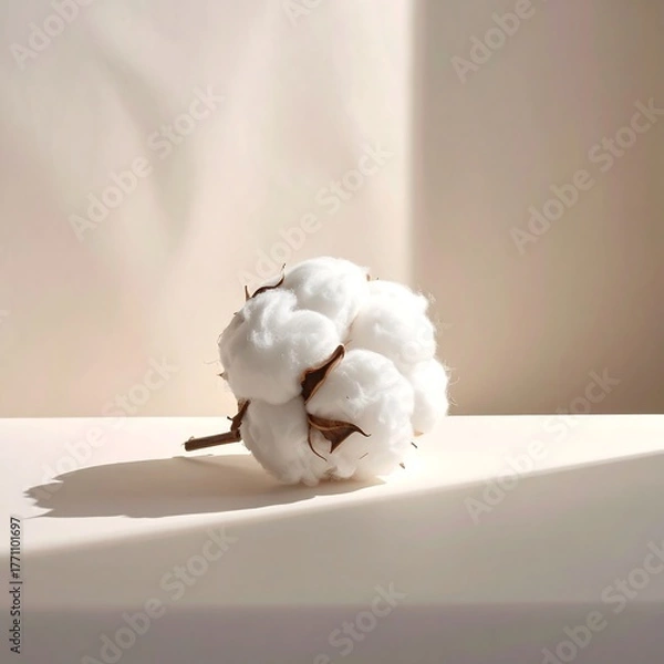 Obraz Close-up image of a fluffy white cotton boll, soft shadows, neutral background