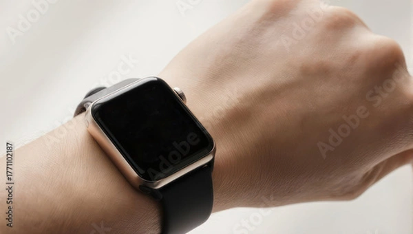 Fototapeta Close-up of a wrist wearing a smartwatch, displaying health and time data