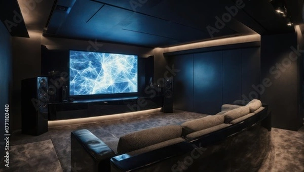 Fototapeta Dark, modern home theater with large screen, surround sound, and comfortable seating