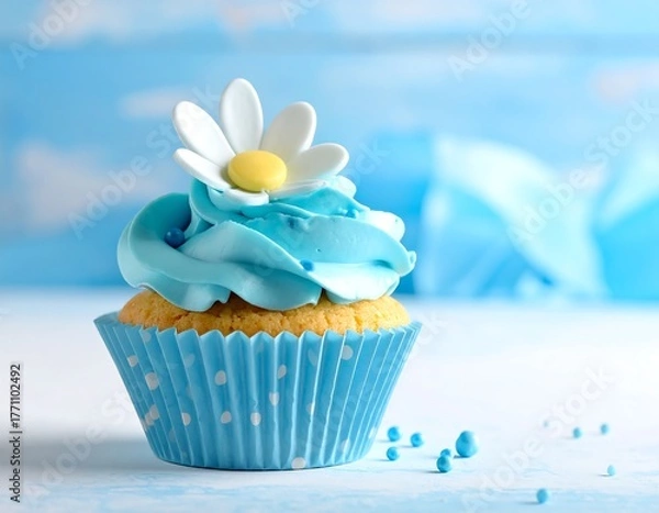 Obraz Close-up of a single, adorned cupcake with blue frosting and a flower