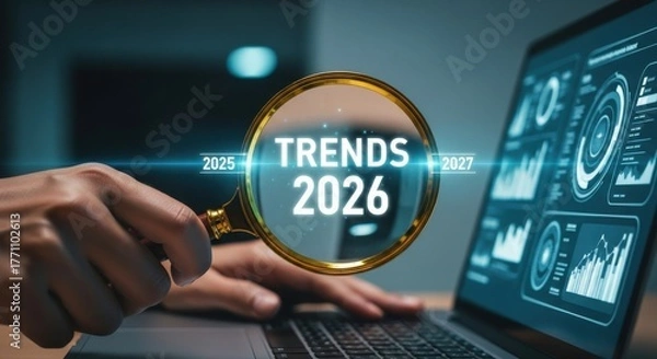 Fototapeta Magnifying glass reveals future trends 2026 on digital data display