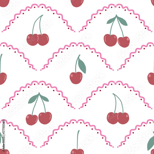 Fototapeta Hand Drawn Cherry Seamless Pattern on White Background