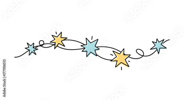 Fototapeta Whimsical hand-drawn doodle of a festive string of stars in alternating yellow and blue, connected by a wavy line, perfect for cheerful design.