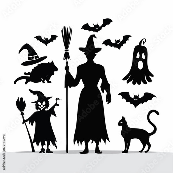 Fototapeta Whimsical Halloween Silhouettes A diverse collection of spooky witches, flying bats, eerie ghosts, and mysterious black cats, perfect for festive designs
