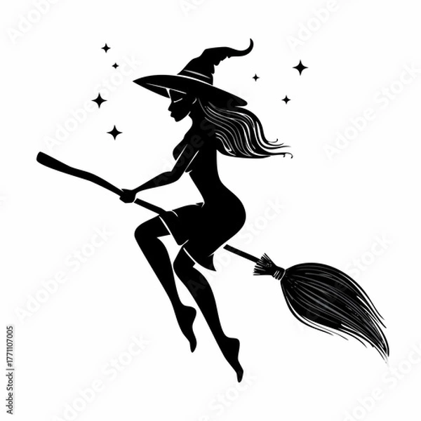 Fototapeta Captivating silhouette of a beautiful witch flying on a broomstick under a starlit sky