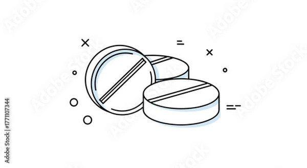 Fototapeta Minimalist vector illustration featuring three white round pills with score lines, accented by scattered abstract geometric shapes, conveying medical and health themes.