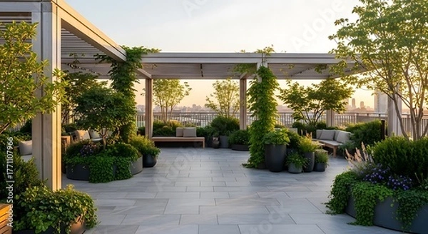 Fototapeta Empty square room with Stylish Rooftop Lounge with Greenery and Pergola
