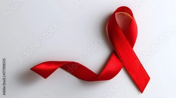 Fototapeta Single bright red awareness ribbon lies diagonally across a clean white background