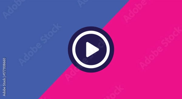 Fototapeta Modern graphic design with a vibrant blue and pink diagonal background, highlighting a prominent white play symbol within a dark circular icon, representing digital media.