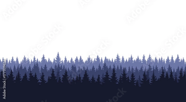 Fototapeta Stylized layered silhouettes of evergreen trees in shades of blue and purple depict a serene forest scene against a white background.