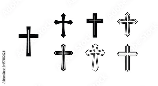 Fototapeta A collection of various Christian cross designs in black and white, suitable for religious iconography and design elements.
