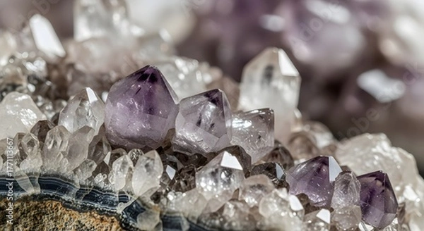 Fototapeta Captivating close-up of raw amethyst crystals, showcasing a beautiful cluster of vibrant purple points growing naturally on a mineral matrix, revealing intricate geological textures