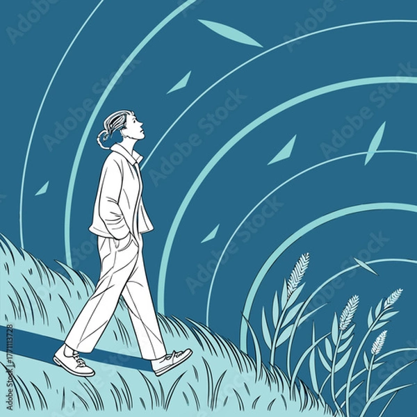 Fototapeta Woman Walking on Path with Concentric Circles person