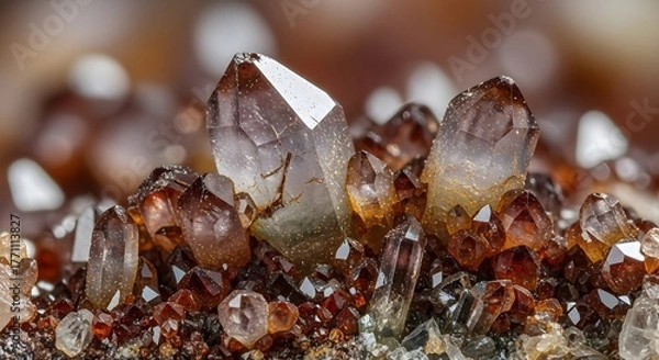 Fototapeta A breathtaking macro photograph of a natural raw mineral formation, showcasing a vibrant cluster of sharp amber and brown quartz crystals