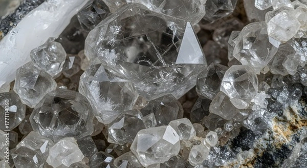 Fototapeta A stunning macro photograph of a cluster of clear, raw, uncut diamond crystals showing their natural geometric faceted formation on a rock
