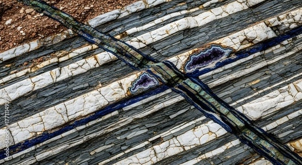 Fototapeta A striking geological cross-section reveals a deep blue mineral vein with amethyst geodes embedded within the layered stone