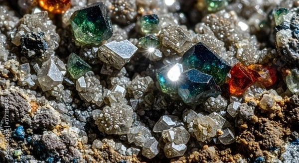 Fototapeta Macro close-up of sparkling, colorful mineral crystals embedded in rough rock, showcasing geological beauty