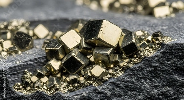 Fototapeta Close-up of pyrite crystals, also known as fool's gold, on a dark rock surface, mineral