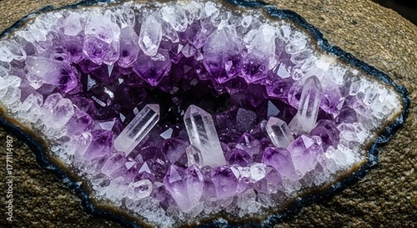 Fototapeta Close-up of a dazzling amethyst geode showcasing its sparkling purple crystals and rough, earthy exterior