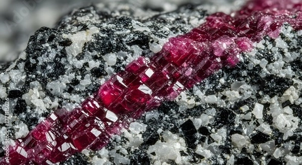 Fototapeta Stunning close-up of a natural raw ruby crystal vein, showcasing its vibrant red color and hexagonal structure embedded in a granite matrix rock