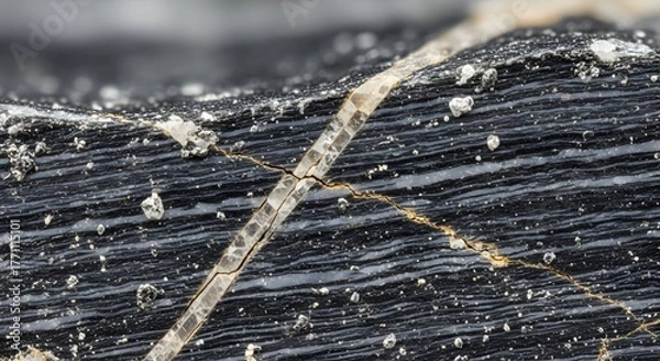 Fototapeta Detailed macro photography of a natural black stone surface with a striking diagonal quartz vein, revealing intricate geological textures and layers