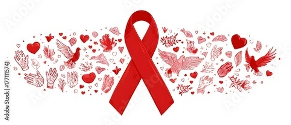 Fototapeta Prominent awareness ribbon design centered amidst a scattering of symbolic red illustrations