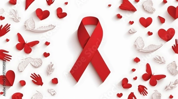 Fototapeta Prominent red awareness ribbon centered among scattered paper cutout symbols of love and support on a white background