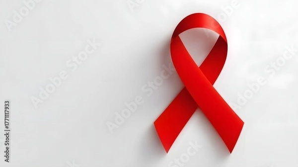 Fototapeta Bright red awareness ribbon positioned on a clean white background with ample copy space
