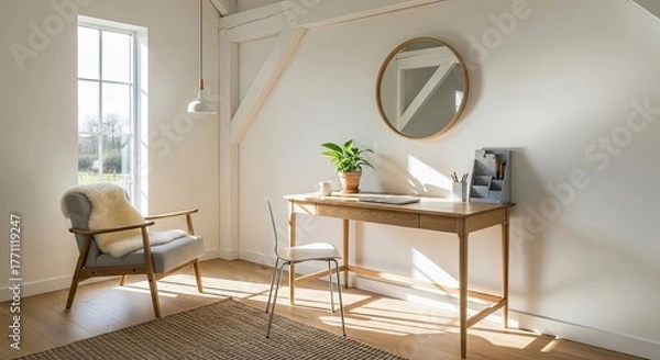 Fototapeta Invite Serenity to Your Workspace with this Minimalist Interior, a Haven for Focus and Creativity with Warmth from Sunlight Streaming Through the Window
