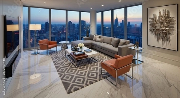 Fototapeta Experience luxurious city living in this stunning penthouse apartment with breathtaking skyline views at dusk, featuring modern design and elegant furnishings