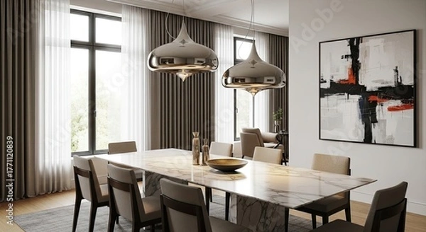 Fototapeta Elegant dining room featuring a marble table under modern pendant lights, complete with sophisticated artwork for a luxurious and inviting atmosphere at home