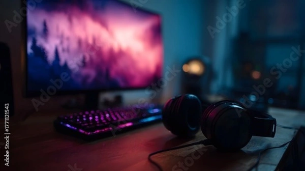 Obraz Modern gaming computer setup with an illuminated keyboard and headphones on a wooden desk