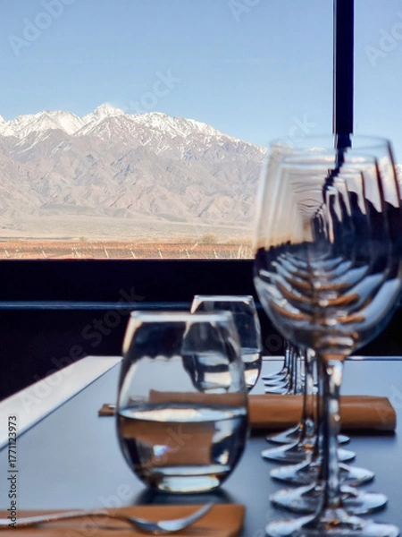 Obraz Wine glasses standing by the window overlooking the vineyard and Andes