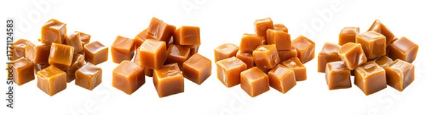 Fototapeta Assorted Caramel Cubes on White Background for Sweet Treats, PNG bundle collection, Isolated on Transparent Background