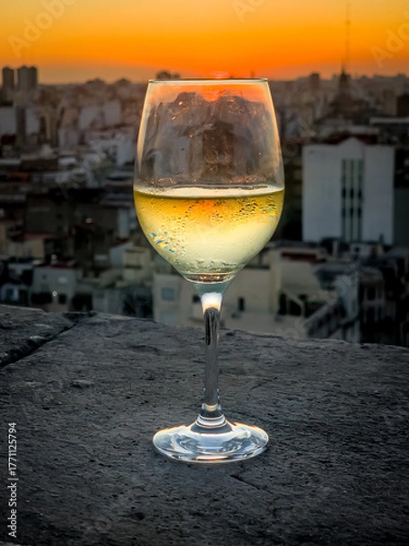 Obraz A glass of white wine rests on a stone railing overlooking a breathtaking view of Buenos Aires at sunset. The golden light illuminates the cityscape, creating a warm and elegant atmosphere.
