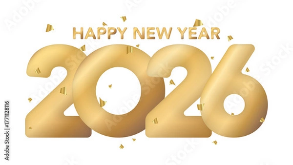 Obraz Happy New Year 2026 calligraphy gold color with confetti isolated.