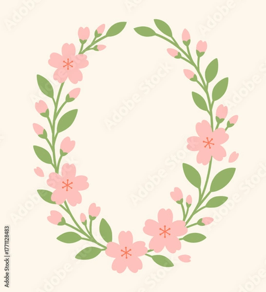 Fototapeta Pink cherry blossom wreath with green leaves and buds on light background


