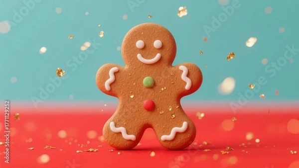 Fototapeta A Christmas gingerbread man cookie is placed on a red background, matched with golden decorations, creating a sweet and festive holiday atmosphere.