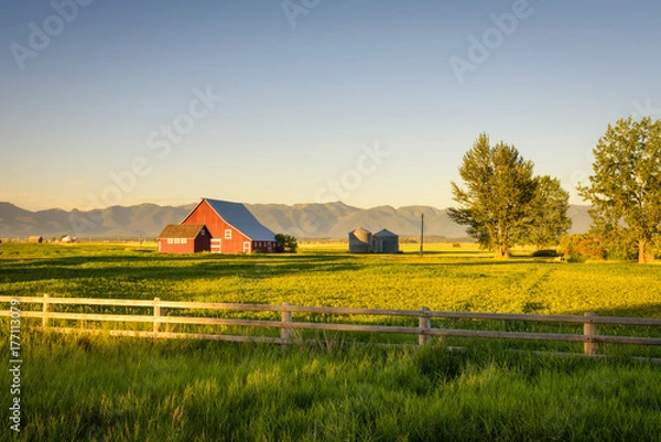 Fototapeta Letni zachód słońca z czerwoną stodołą w wiejskich Montana i Rocky Mountains
