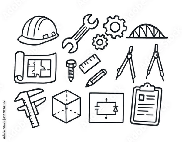 Fototapeta Engineering tools and symbols: hard hat, wrench, gears, blueprints, circuit design, measuring instruments