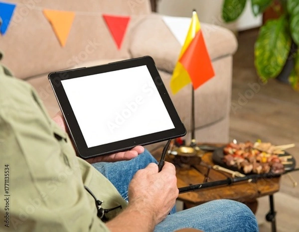 Fototapeta Businessman holding a digital tablet with a blank screen for mobile communication