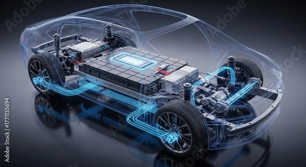 Obraz Electric vehicle battery pack and powertrain assembly illustrating renewable energy capacity and efficient electric propulsion with transparent car body showing wiring motor suspension