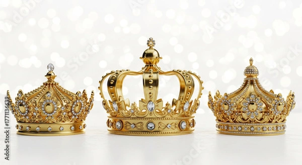 Obraz Three ornate golden crowns are arranged horizontally across the lower third of the frame